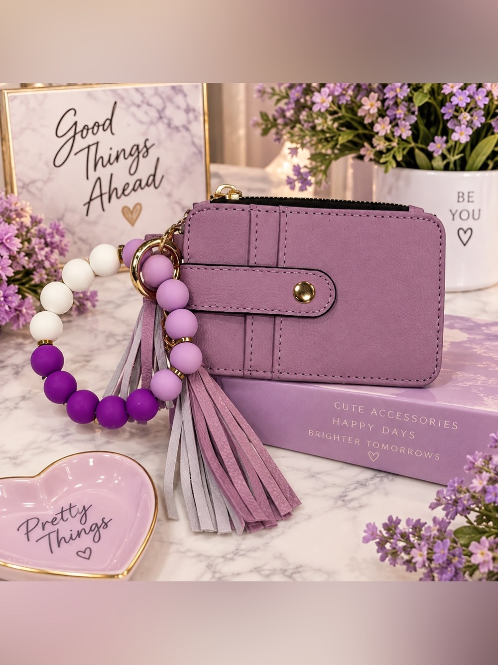 💜 NEW Purple Beaded Wristlet ID & Card Holder with Tassel